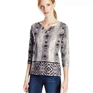 Ruby Rd. Gray Black White Snakeskin Print Split Neck Embellished Top Size 2X